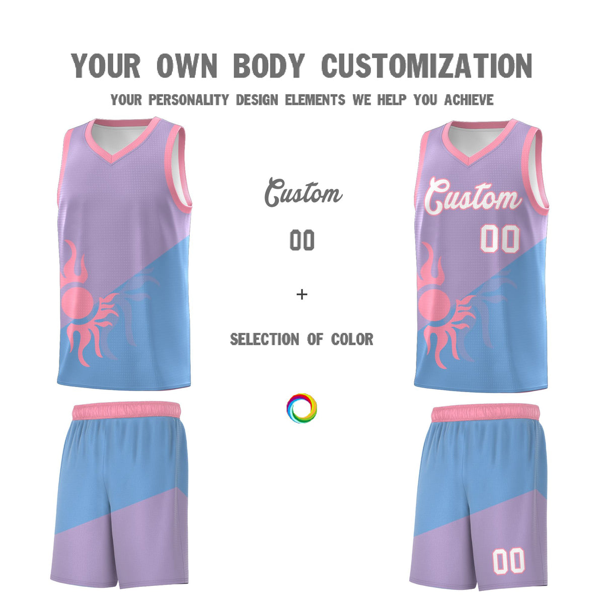 Custom Youth Basketball Jerseys - Light Purple Powder Blue Sunburst Design Two Tone Uniforms