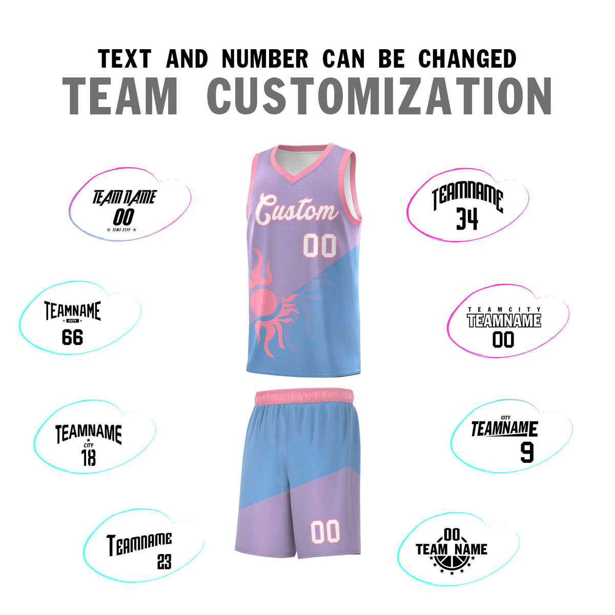 Custom Youth Basketball Jerseys - Light Purple Powder Blue Sunburst Design Two Tone Uniforms