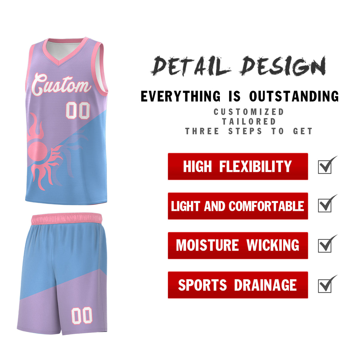 Custom Youth Basketball Jerseys - Light Purple Powder Blue Sunburst Design Two Tone Uniforms