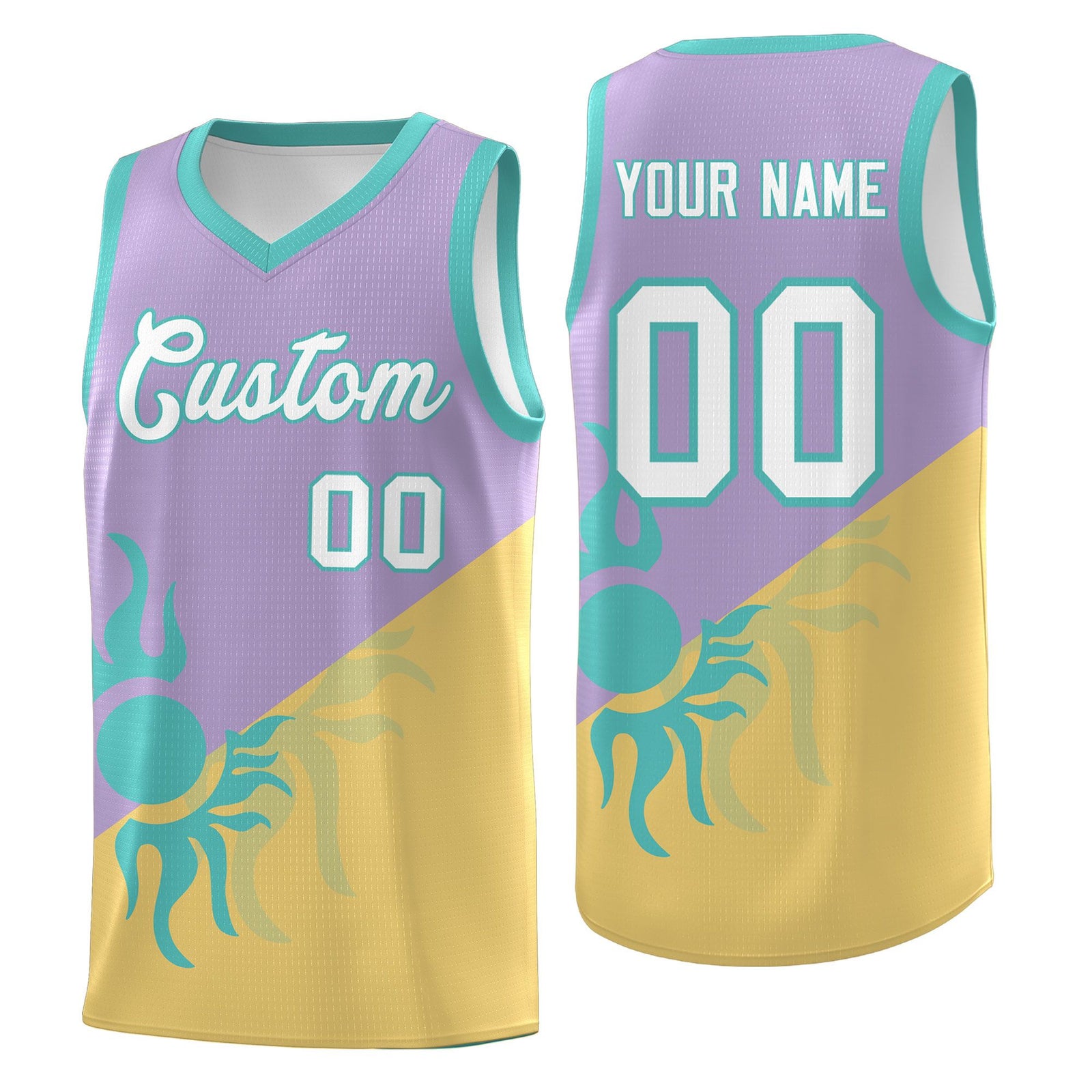 Custom Youth Basketball Jerseys - Light Purple Old Gold Radiant Sun Design Two Tone Uniforms