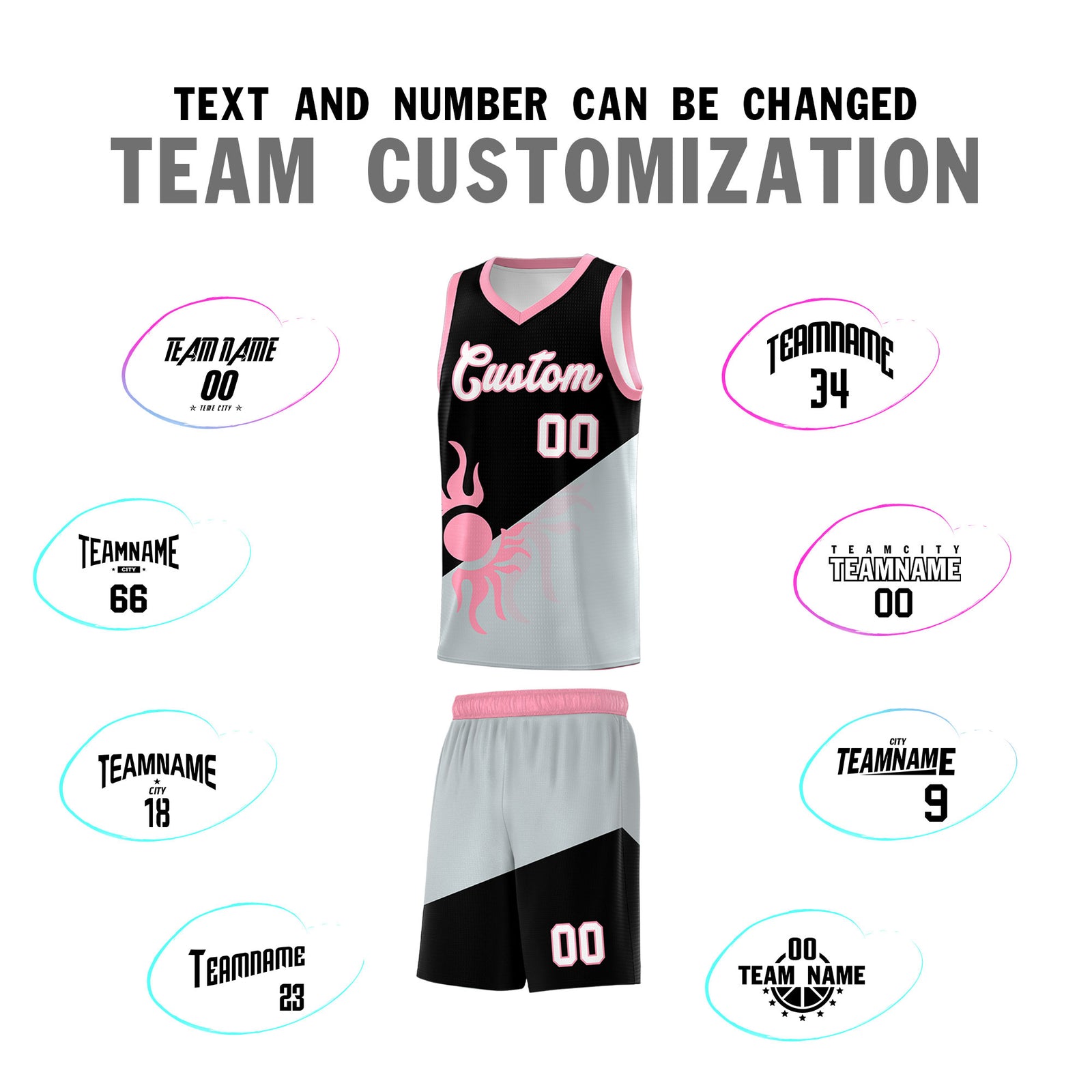 Custom Youth Basketball Jerseys - Black Silver Radiant Sun Design Two Tone Uniforms