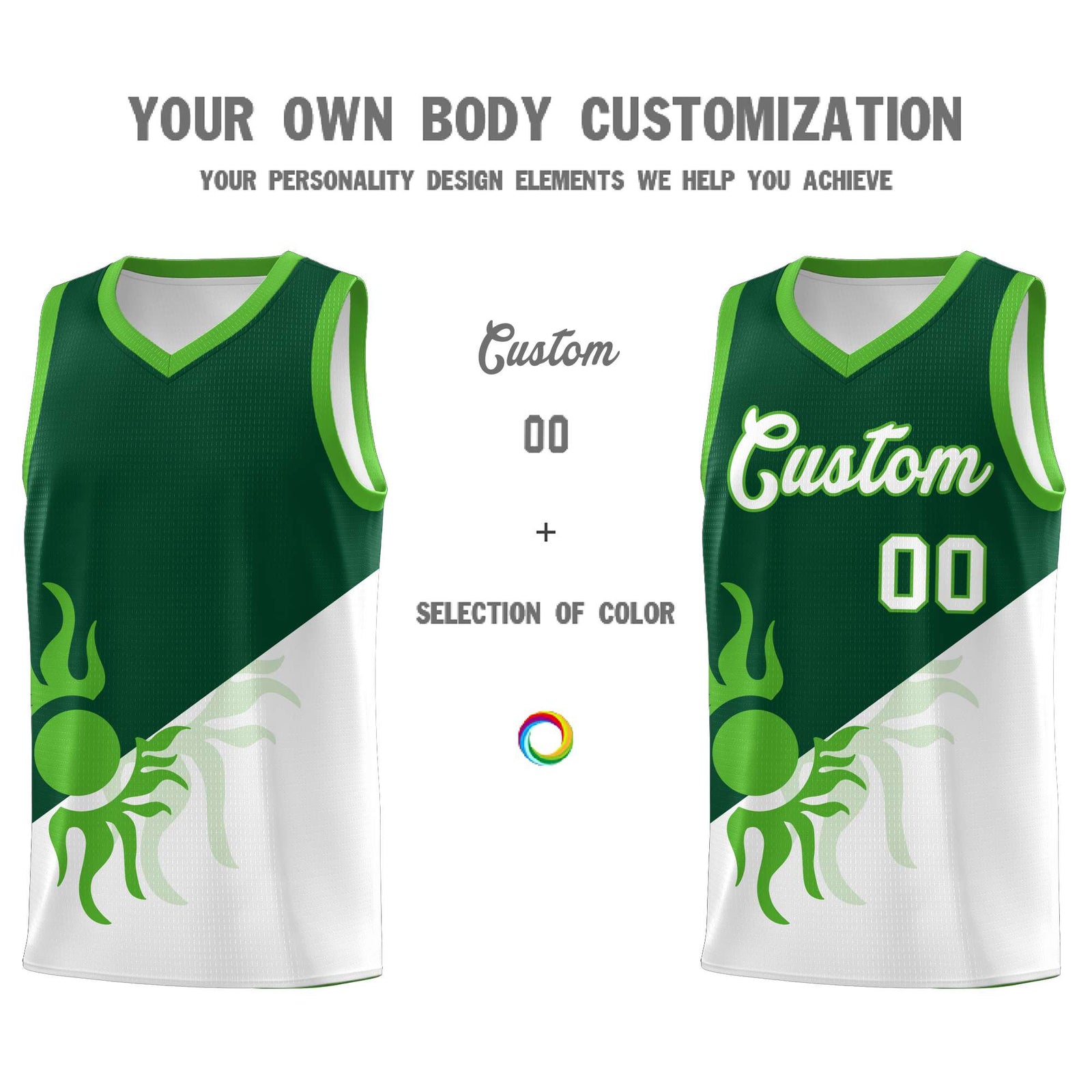 Custom Youth Basketball Jerseys - Kelly Green White Radiant Sun Design Two Tone Uniforms