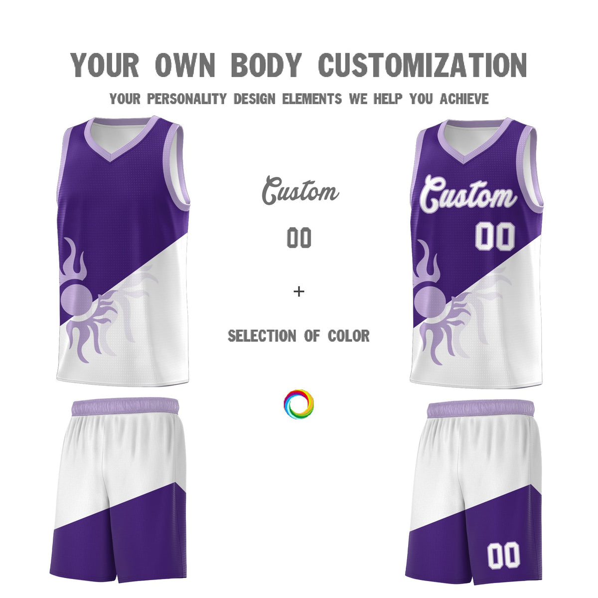 Custom Youth Basketball Jerseys - Purple White Sunburst Design Two Tone Uniforms