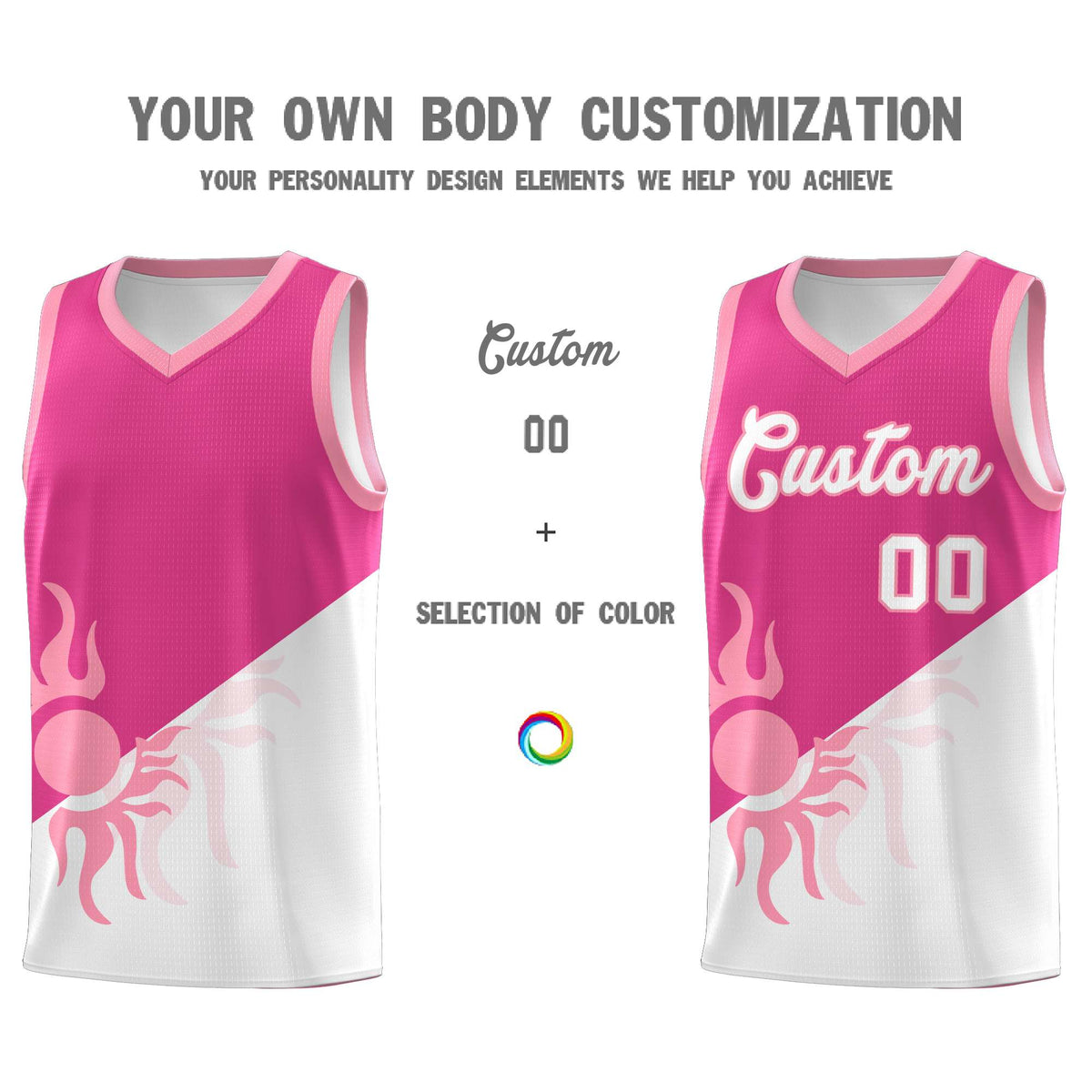 Custom Youth Basketball Jerseys - Rose Red White Radiant Sun Design Two Tone Uniforms
