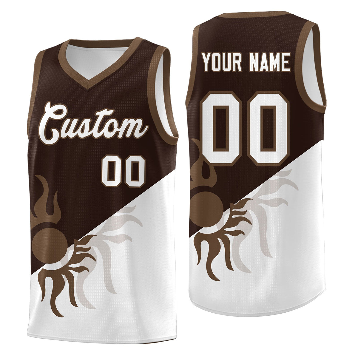 Custom Youth Basketball Jerseys - Brown White Sunburst Design Two Tone Uniforms
