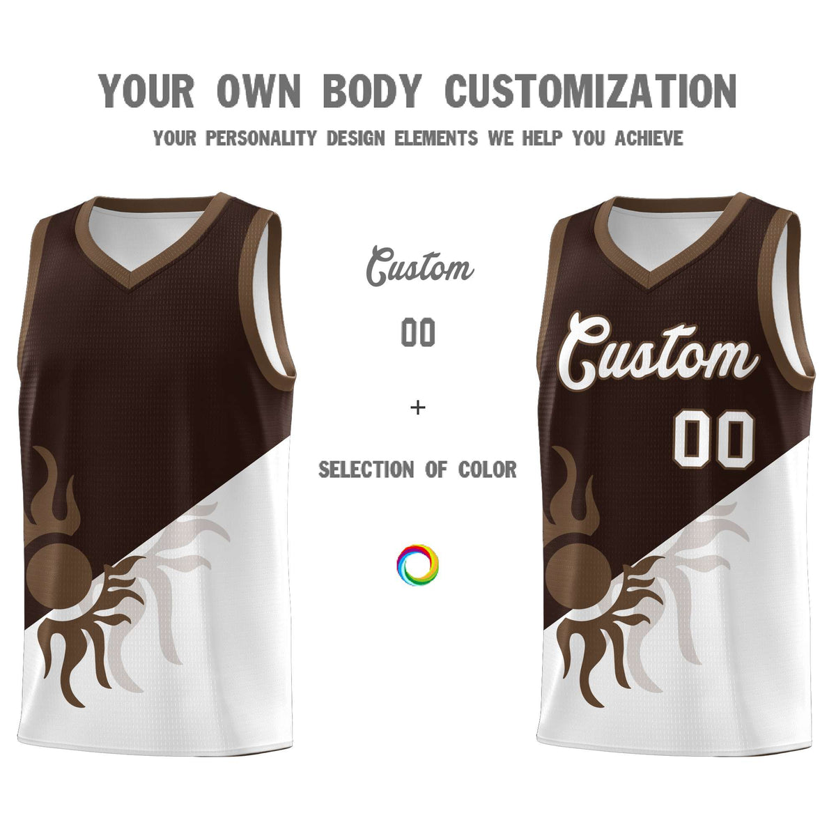 Custom Youth Basketball Jerseys - Brown White Sunburst Design Two Tone Uniforms