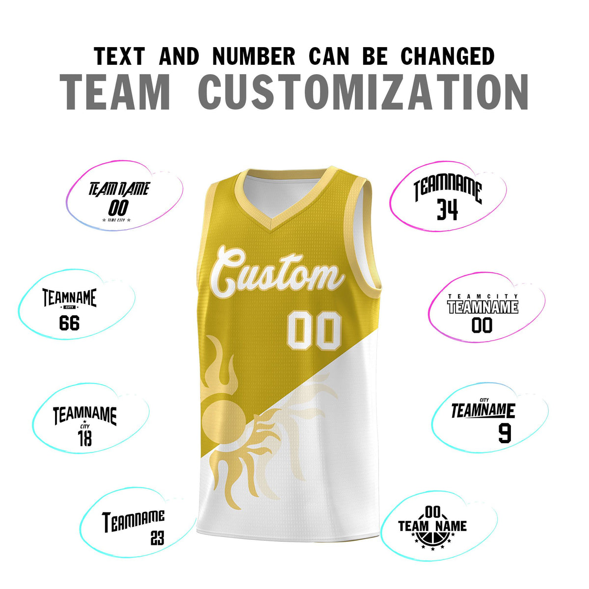 Custom Youth Basketball Jerseys - Old Gold White Radiant Sun Design Two Tone Uniforms