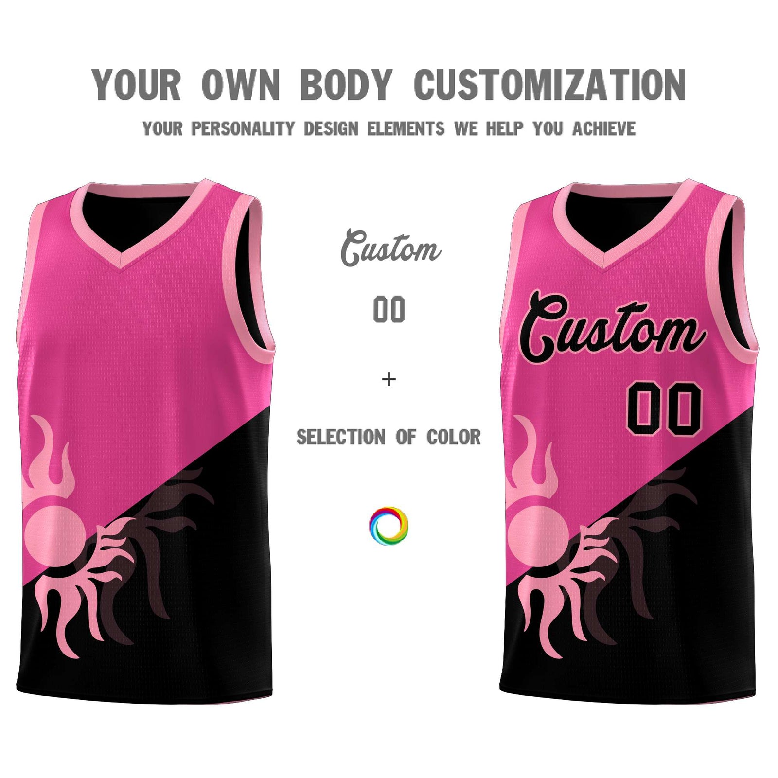 Custom Youth Basketball Jerseys - Rose Red Black Radiant Sun Design Two Tone Uniforms