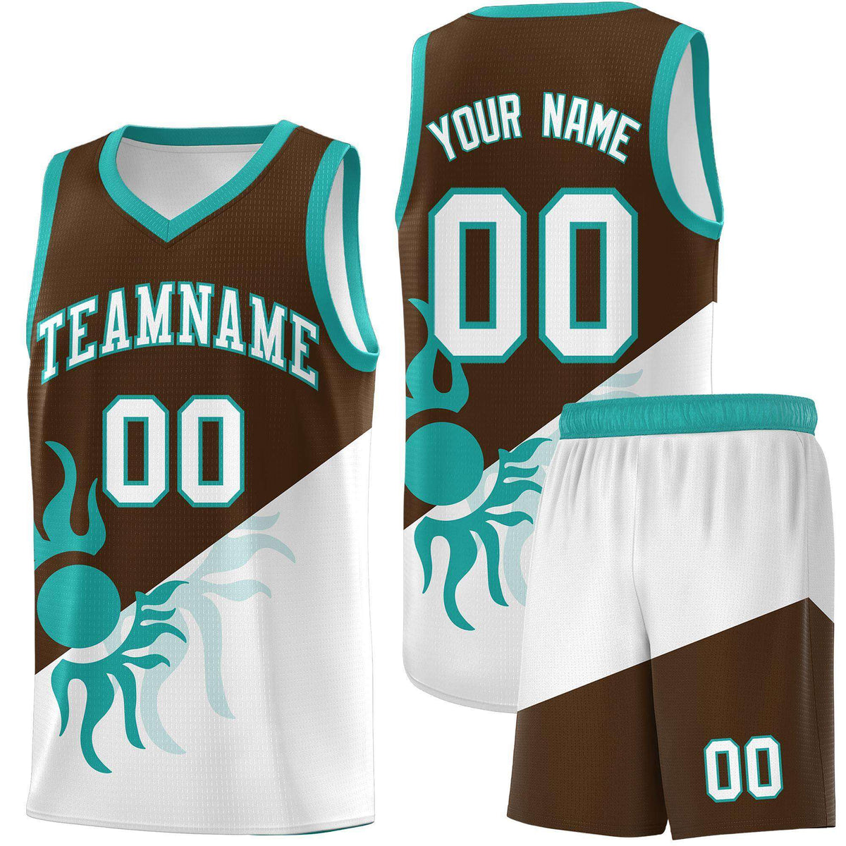 Custom Youth Basketball Jerseys - Brown White Radiant Sun Design Two Tone Uniforms