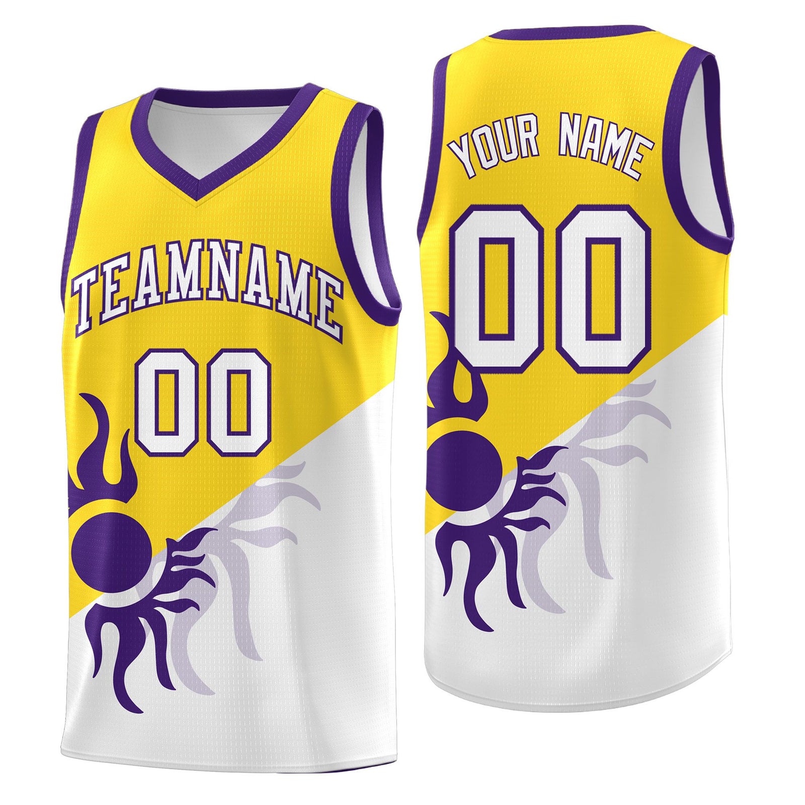 Custom Youth Basketball Jerseys - Gold White Radiant Sun Design Two Tone Uniforms