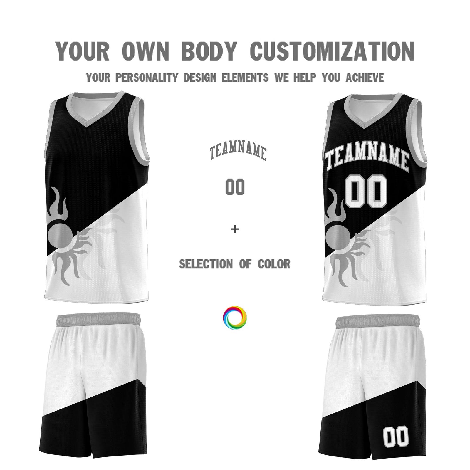 Custom Youth Basketball Jerseys - Black White Radiant Sun Design Two Tone Uniforms