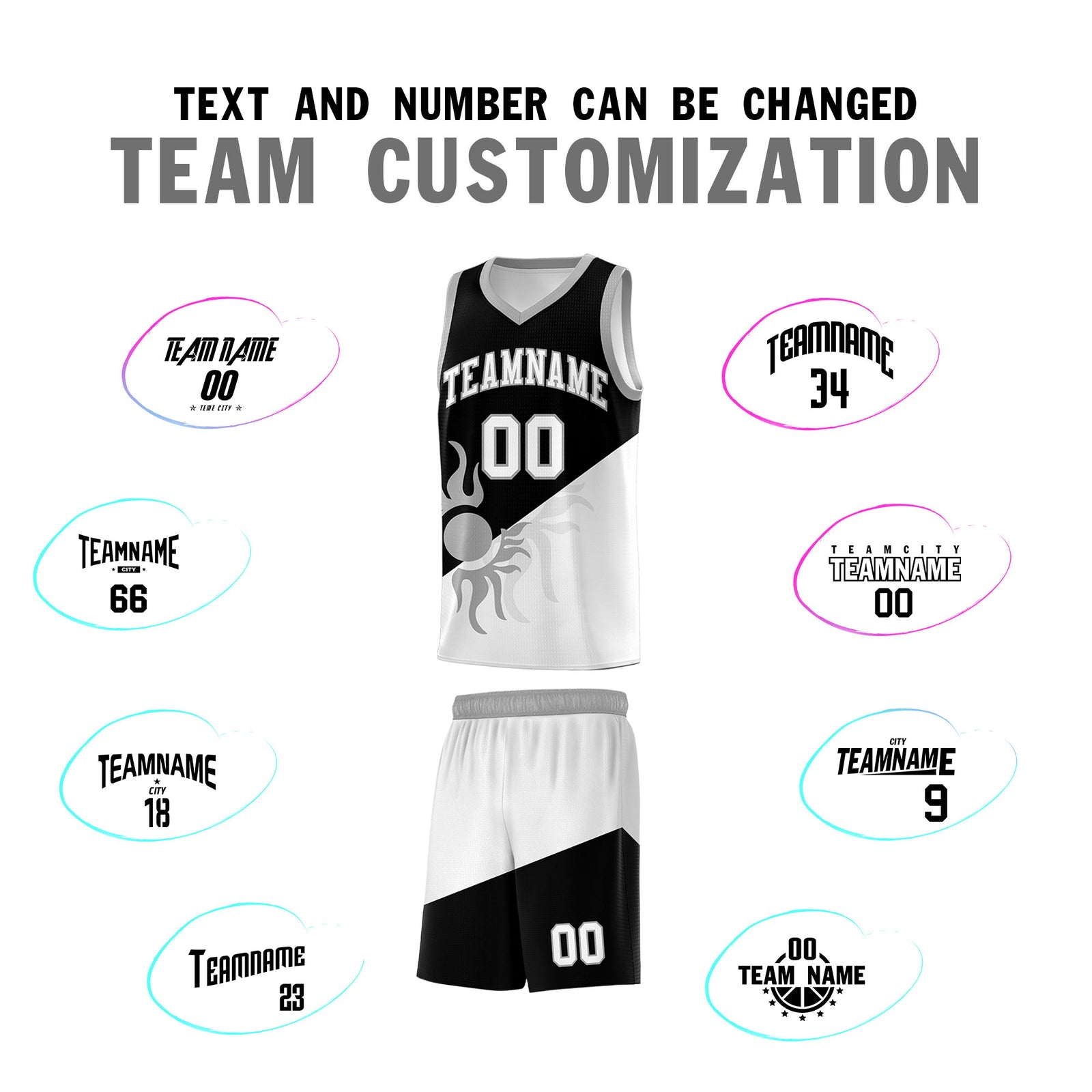 Custom Youth Basketball Jerseys - Black White Radiant Sun Design Two Tone Uniforms