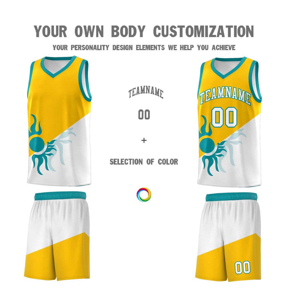 Custom Youth Basketball Jerseys - Yellow White Sunburst Design Two Tone Uniforms
