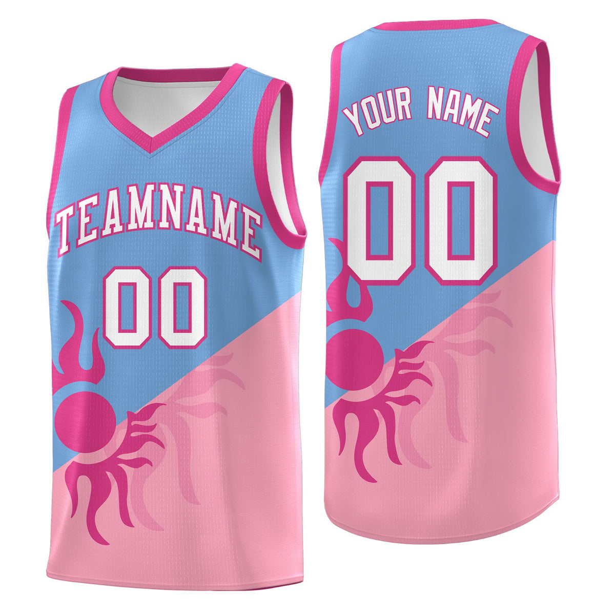Custom Youth Basketball Jerseys - Powder Blue Light Pink Radiant Sun Design Two Tone Uniforms