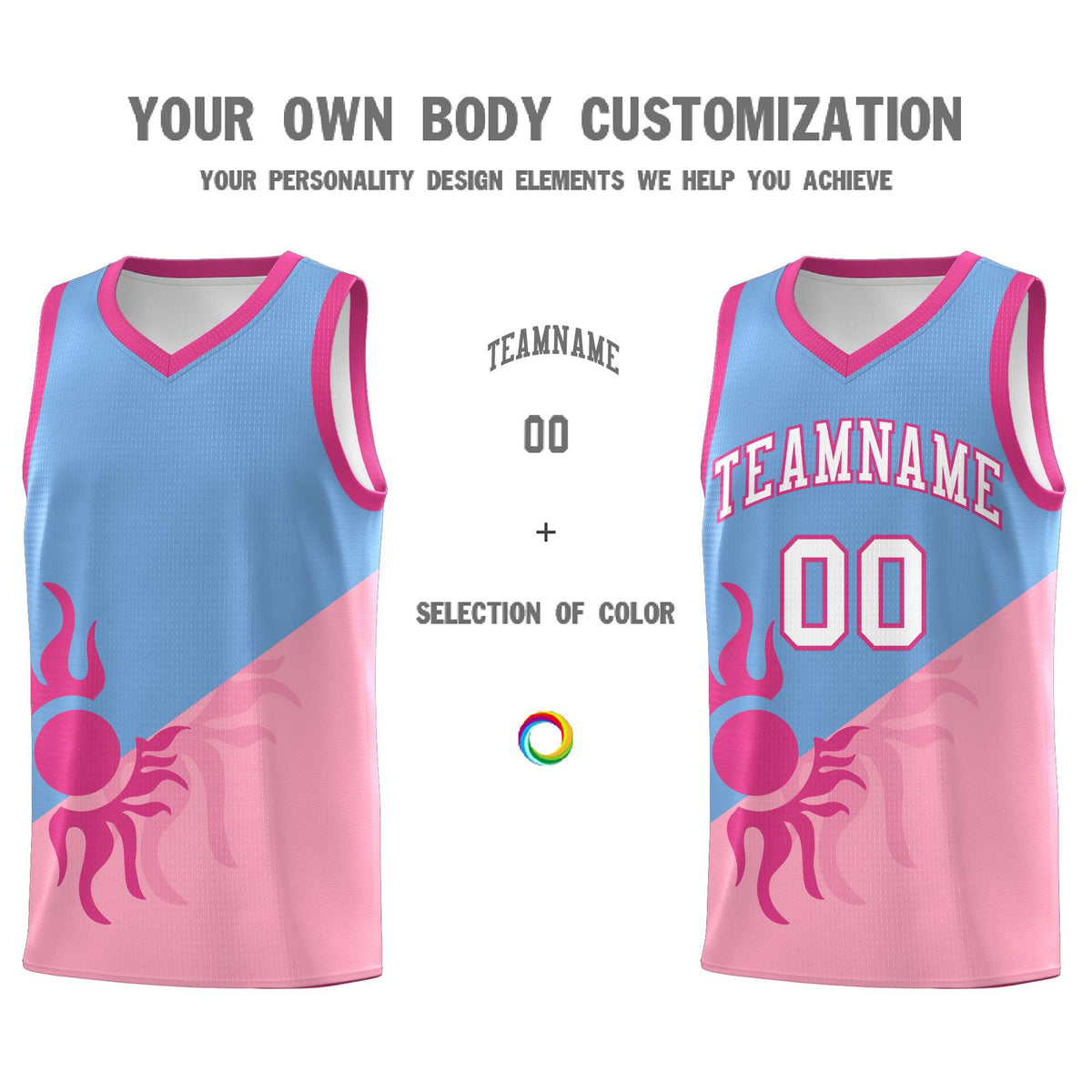 Custom Youth Basketball Jerseys - Powder Blue Light Pink Radiant Sun Design Two Tone Uniforms
