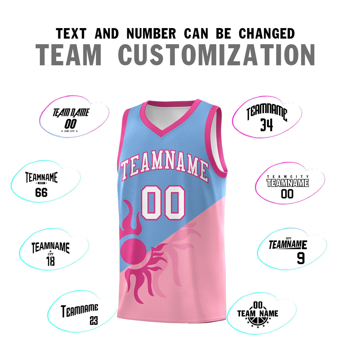 Custom Youth Basketball Jerseys - Powder Blue Light Pink Radiant Sun Design Two Tone Uniforms