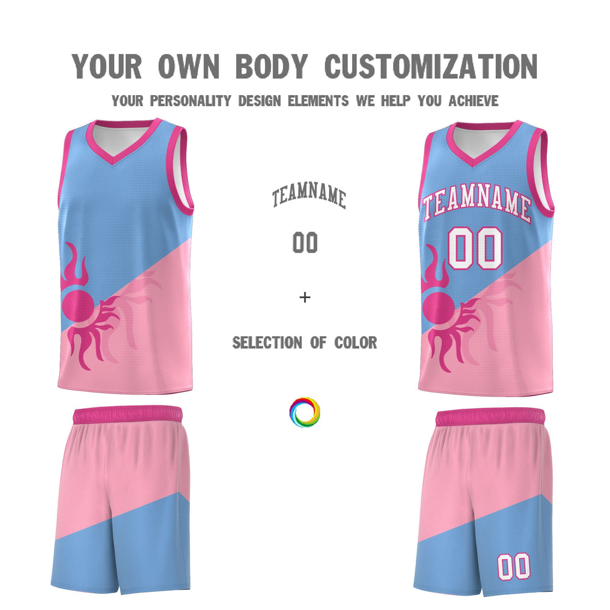 Custom Youth Basketball Jerseys - Powder Blue Light Pink Radiant Sun Design Two Tone Uniforms