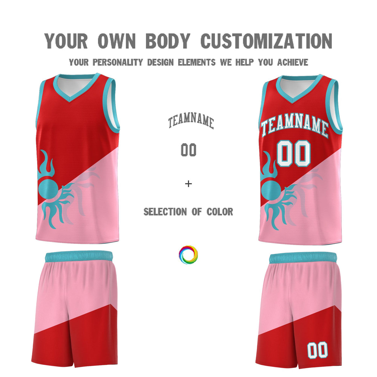 Custom Youth Basketball Jerseys - Red Light Pink Sunburst Design Two Tone Uniforms
