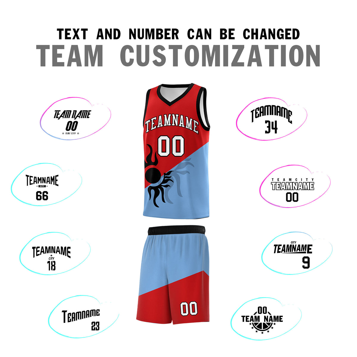 Custom Youth Basketball Jerseys - Red Powder Blue Radiant Sun Design Two Tone Uniforms