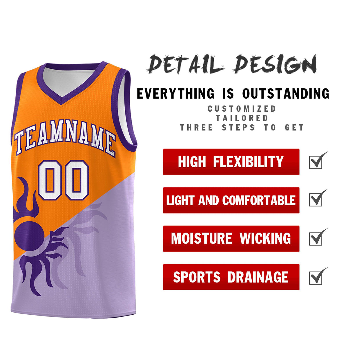 Custom Youth Basketball Jerseys - Light Purple Orange Radiant Sun Design Two Tone Uniforms
