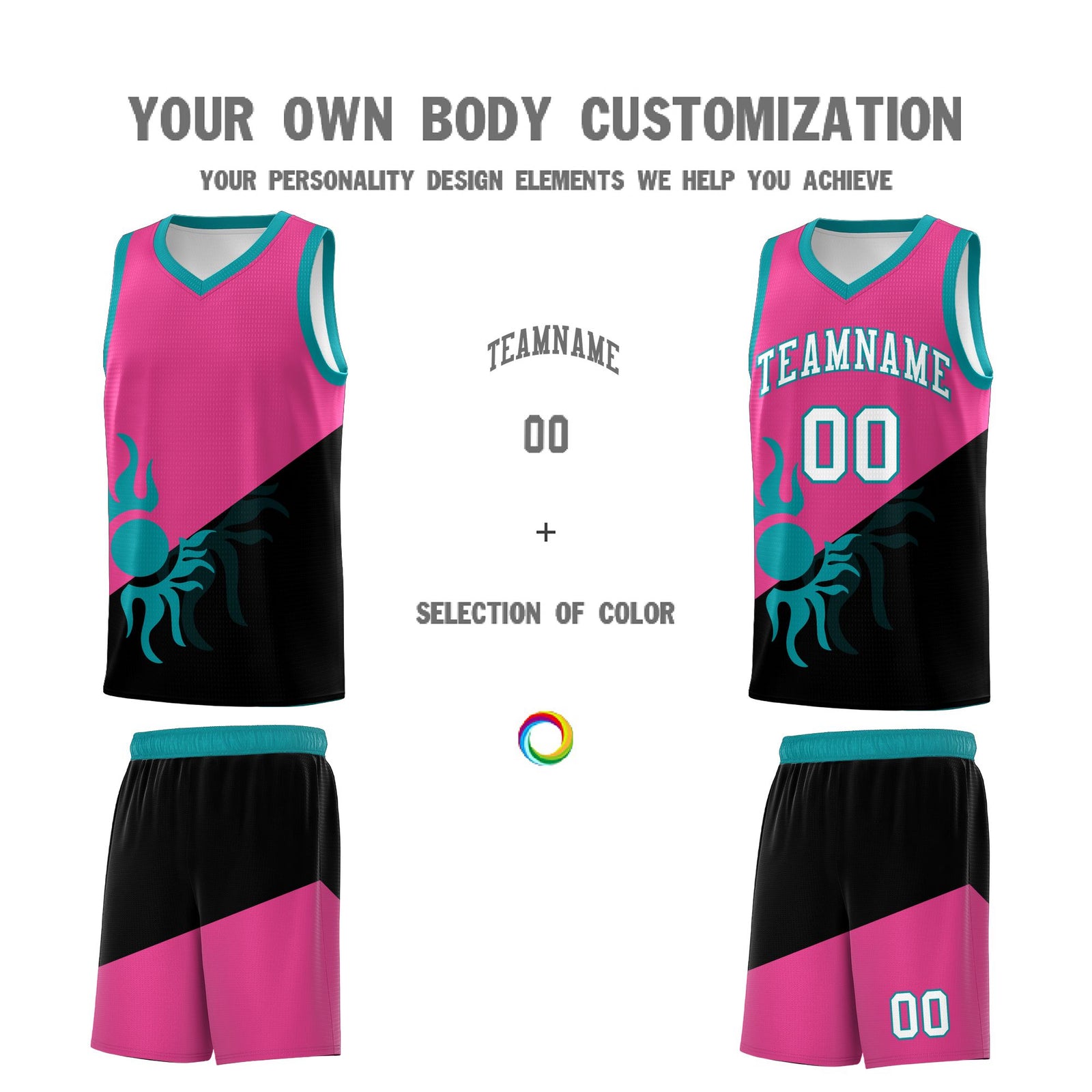 Custom Youth Basketball Jerseys - Rose Red Black Sunburst Design Two Tone Uniforms