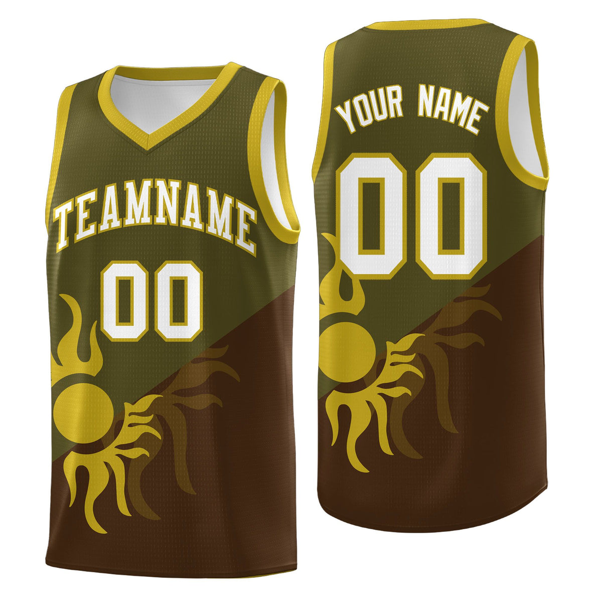 Custom Youth Basketball Jerseys - Brown Olive Radiant Sun Design Two Tone Uniforms
