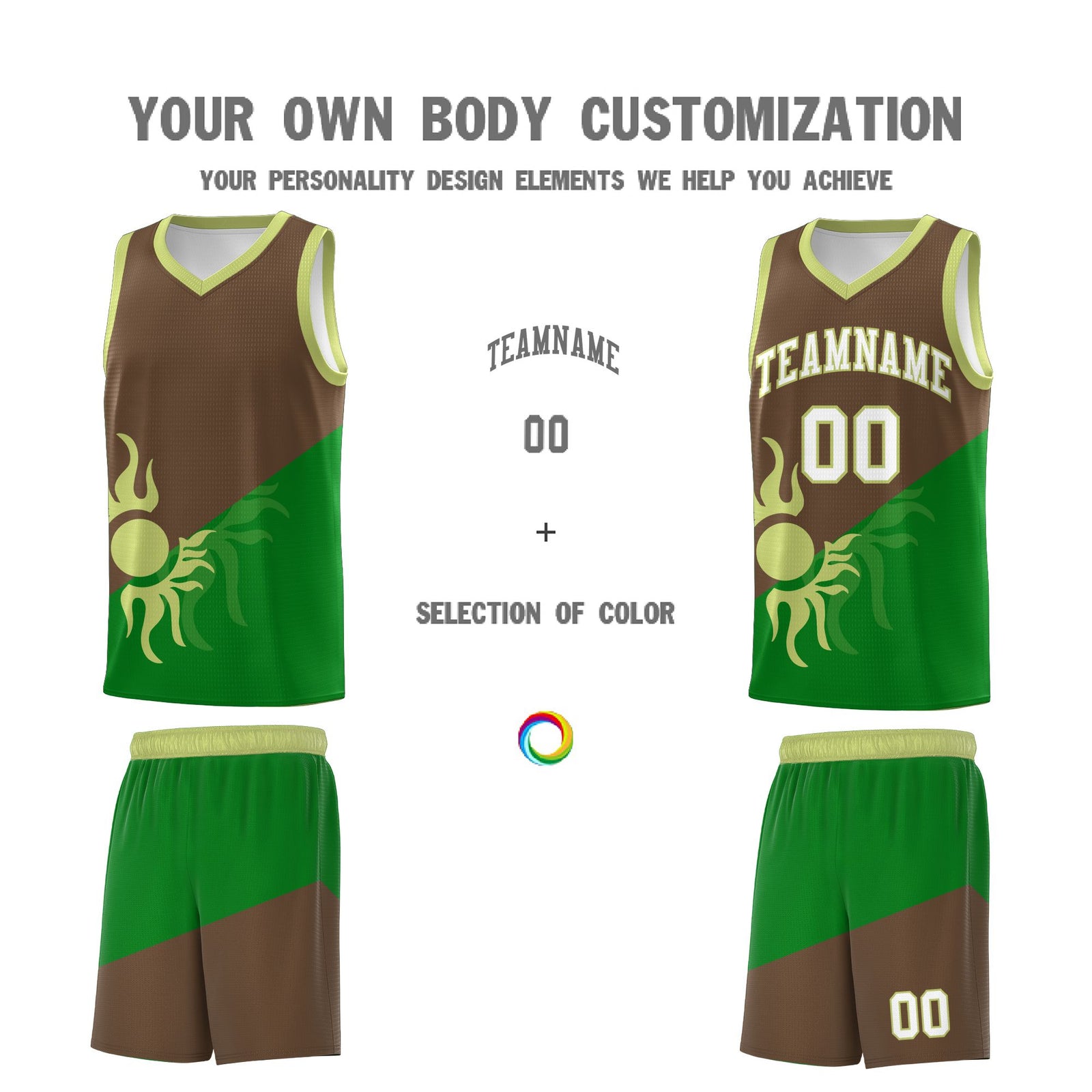 Custom Youth Basketball Jerseys - Kelly Green Light Brown Sunburst Design Two Tone Uniforms