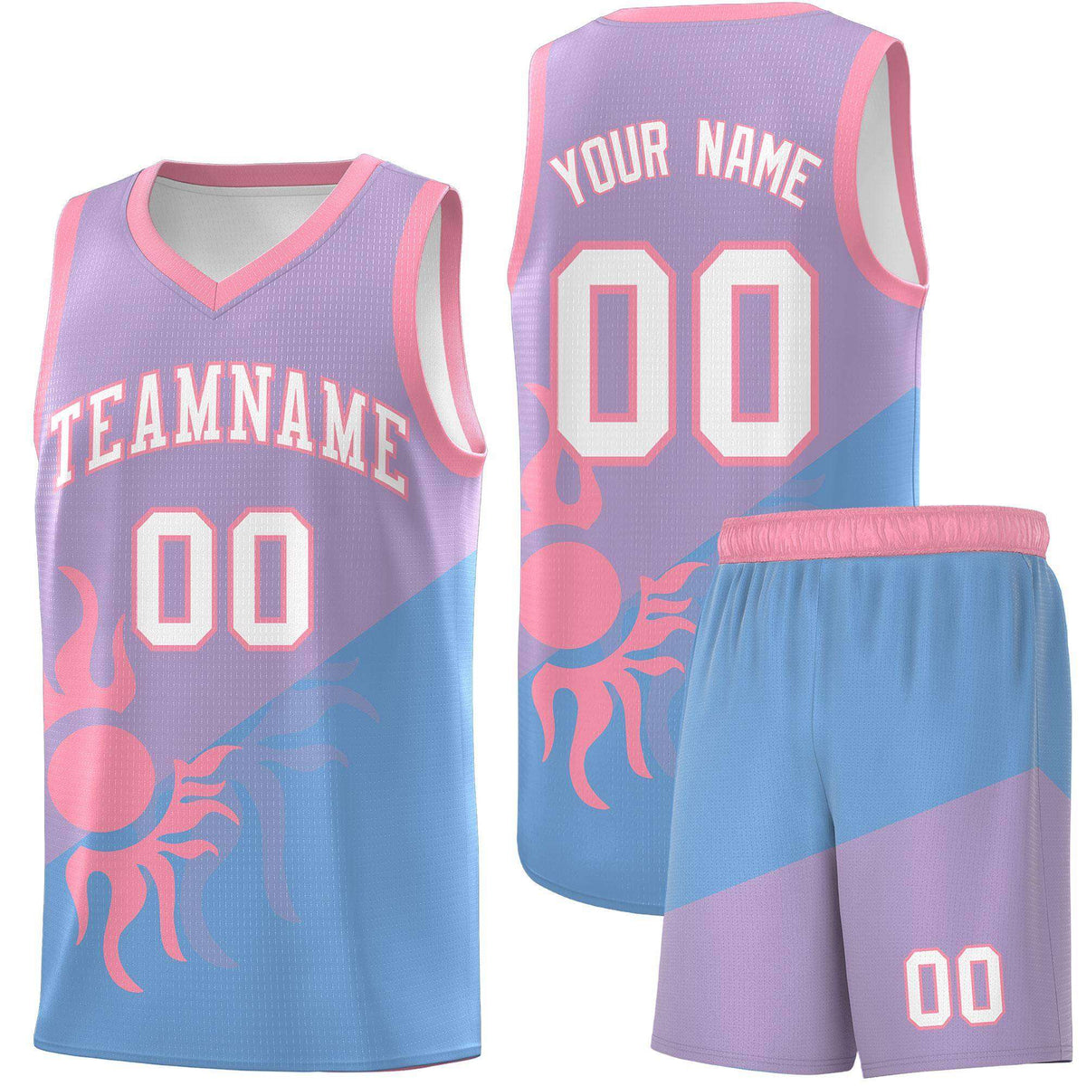 Custom Youth Basketball Jerseys - Light Purple Powder Blue Sunburst Design Two Tone Uniforms