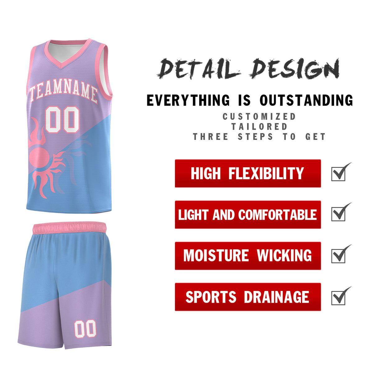 Custom Youth Basketball Jerseys - Light Purple Powder Blue Sunburst Design Two Tone Uniforms