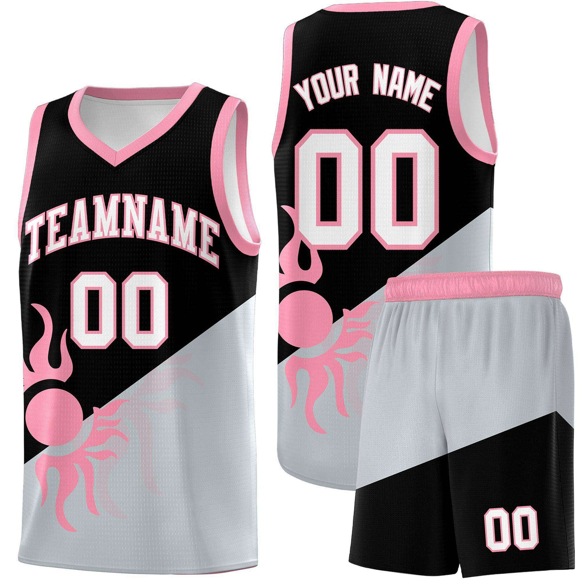 Custom Youth Basketball Jerseys - Black Silver Radiant Sun Design Two Tone Uniforms