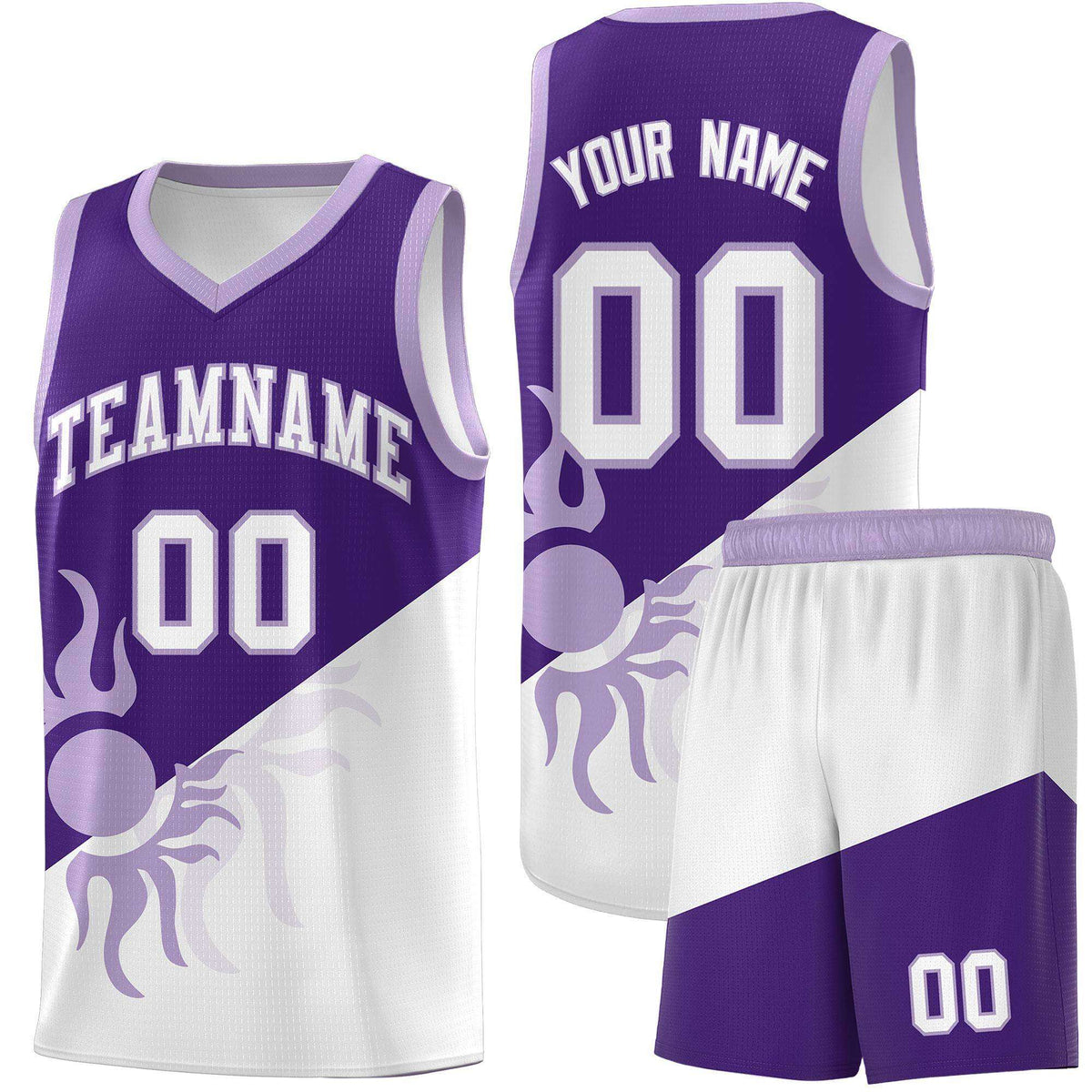 Custom Youth Basketball Jerseys - Purple White Sunburst Design Two Tone Uniforms