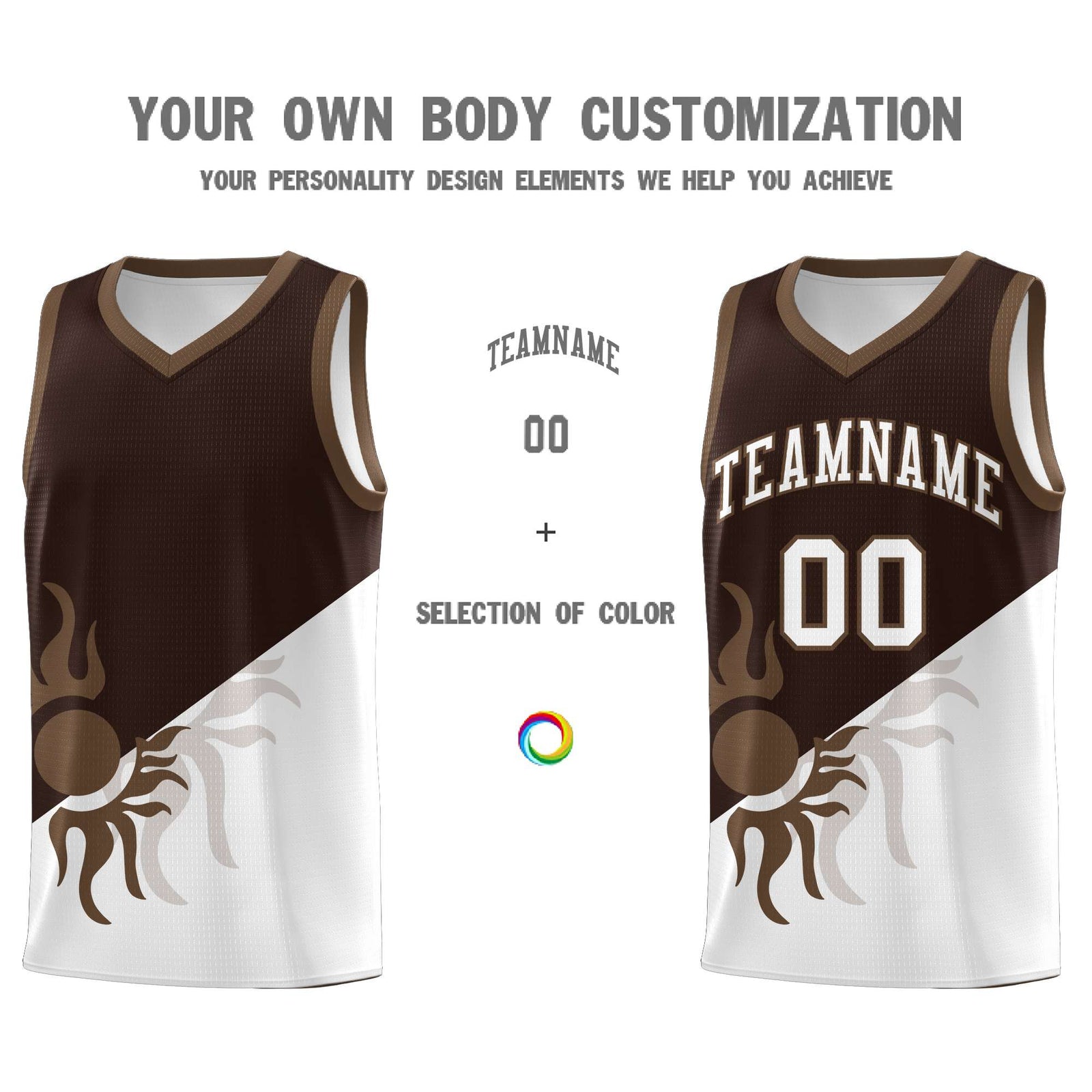 Custom Youth Basketball Jerseys - Brown White Sunburst Design Two Tone Uniforms