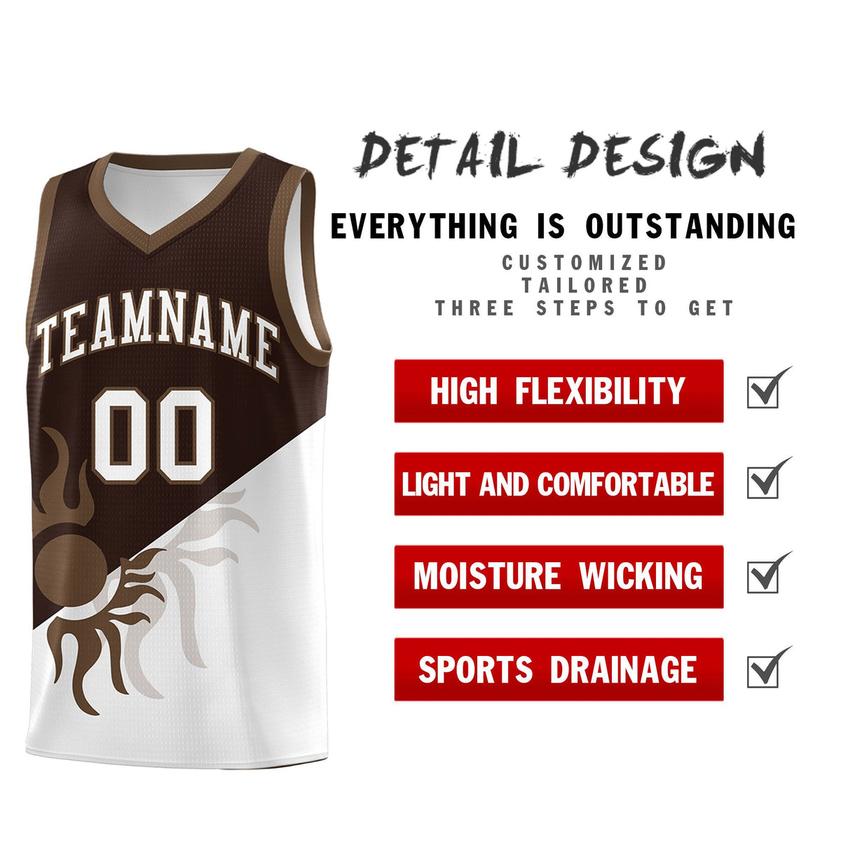 Custom Youth Basketball Jerseys - Brown White Sunburst Design Two Tone Uniforms
