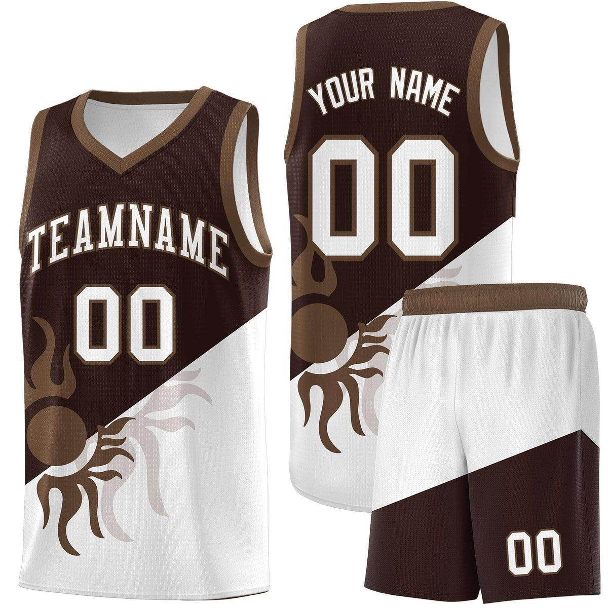 Custom Youth Basketball Jerseys - Brown White Sunburst Design Two Tone Uniforms