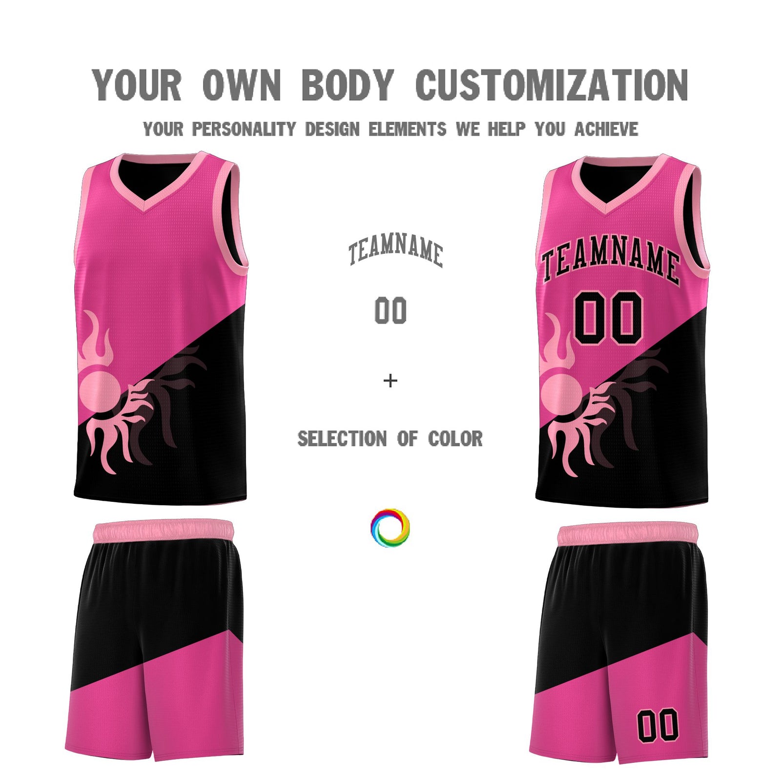 Custom Youth Basketball Jerseys - Rose Red Black Radiant Sun Design Two Tone Uniforms