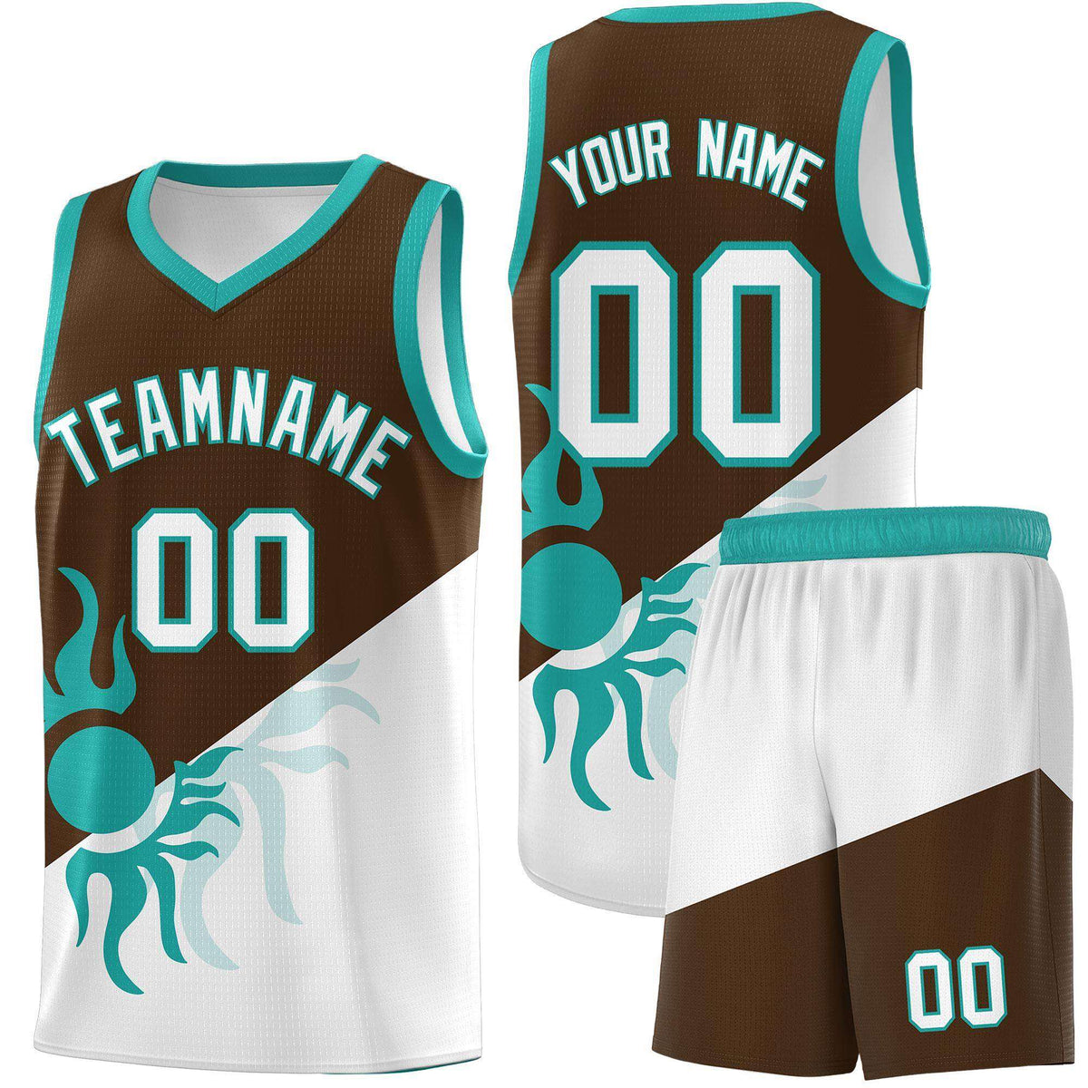 Custom Youth Basketball Jerseys - Brown White Radiant Sun Design Two Tone Uniforms