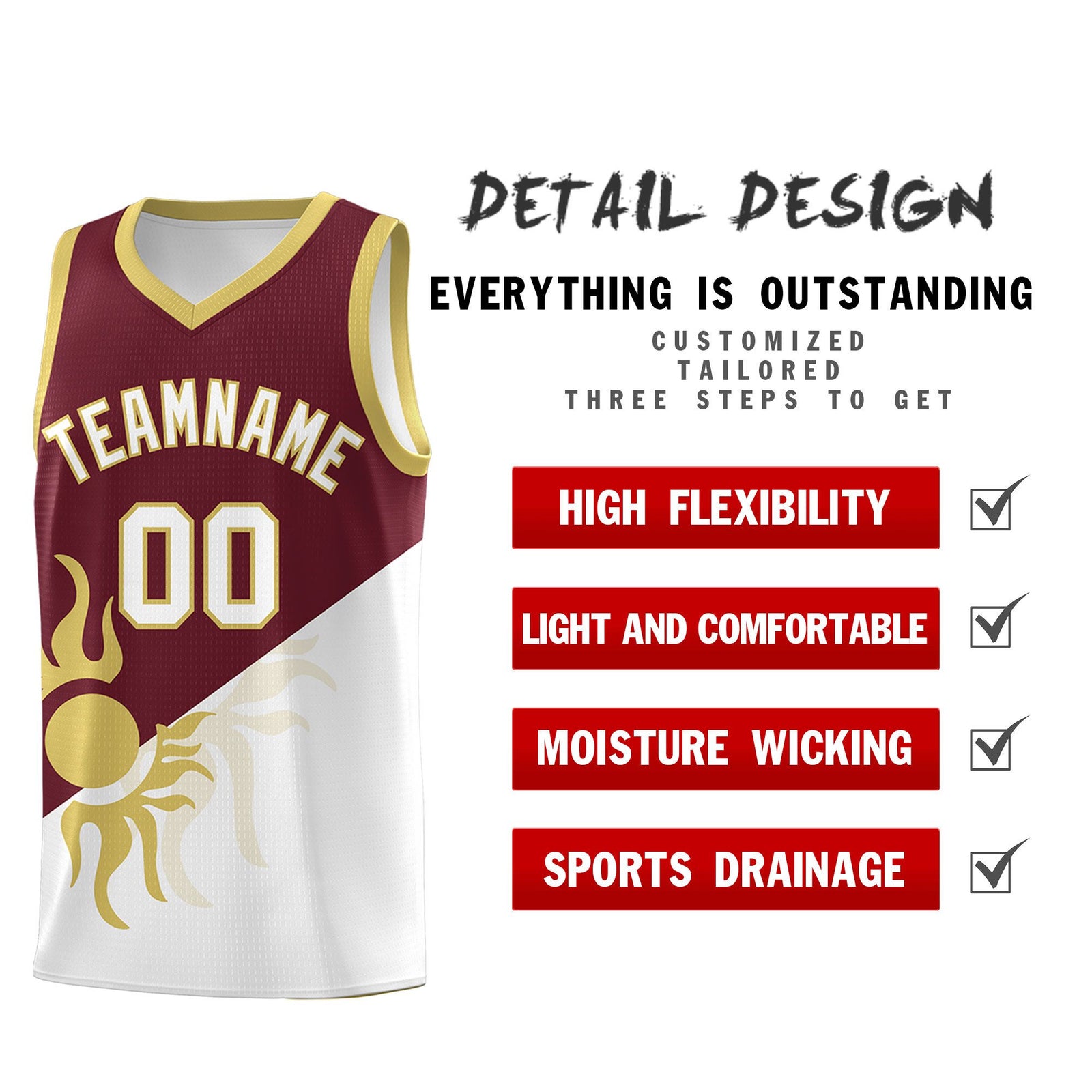 Custom Youth Basketball Jerseys - Burgundy White Sunburst Design Two Tone Uniforms