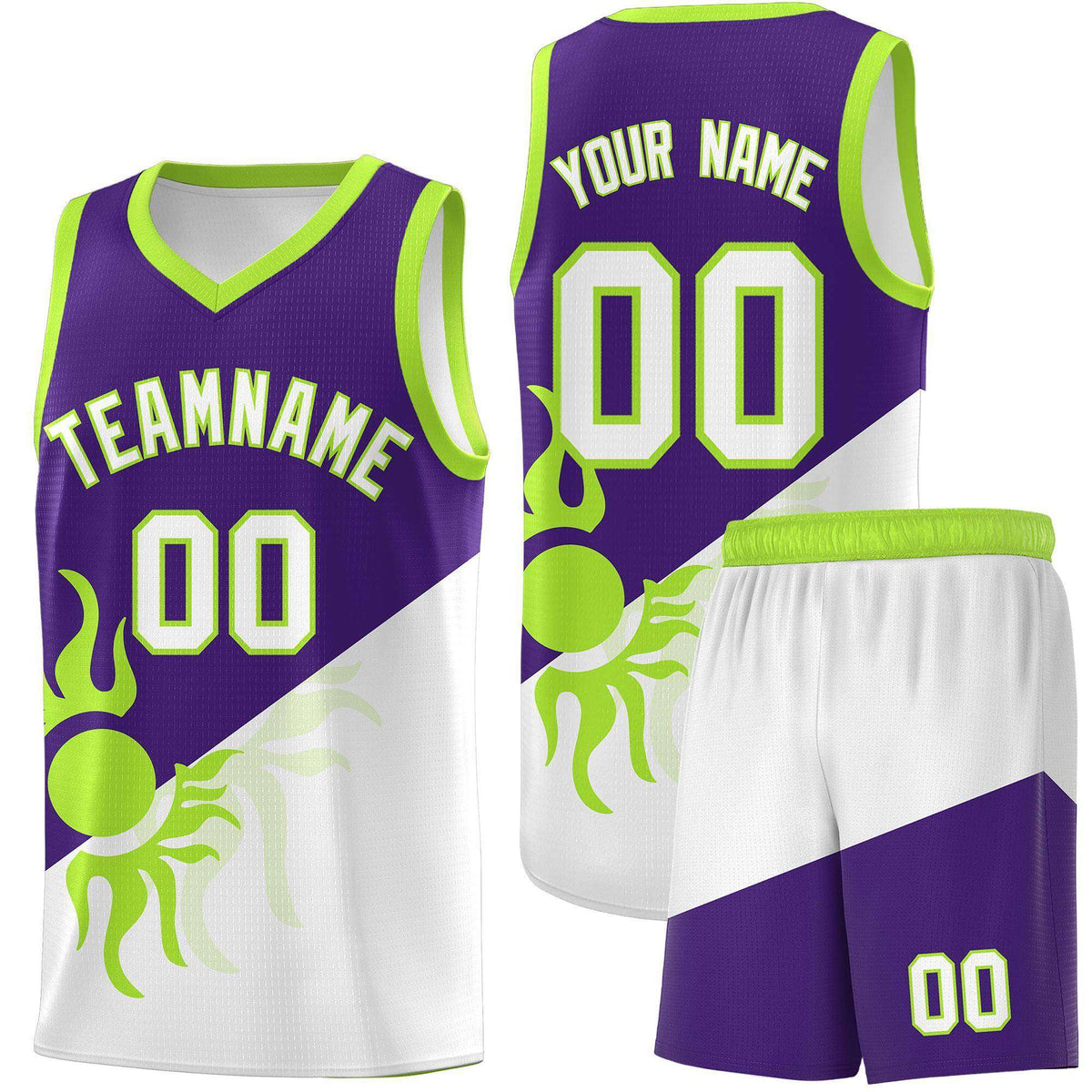 Custom Youth Basketball Jerseys - Purple White Radiant Sun Design Two Tone Uniforms