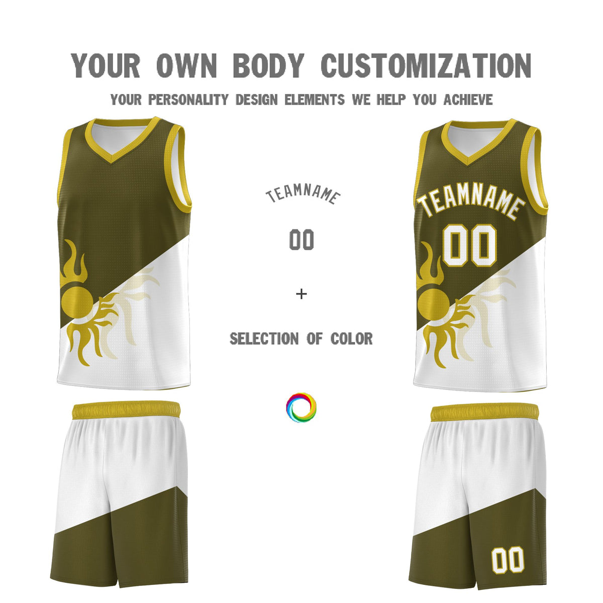 Custom Youth Basketball Jerseys - Olive White Sunburst Design Two Tone Uniforms