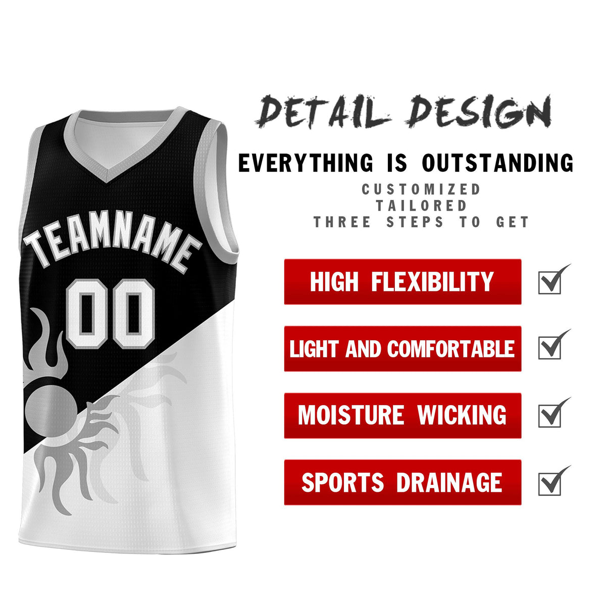 Custom Youth Basketball Jerseys - Black White Radiant Sun Design Two Tone Uniforms