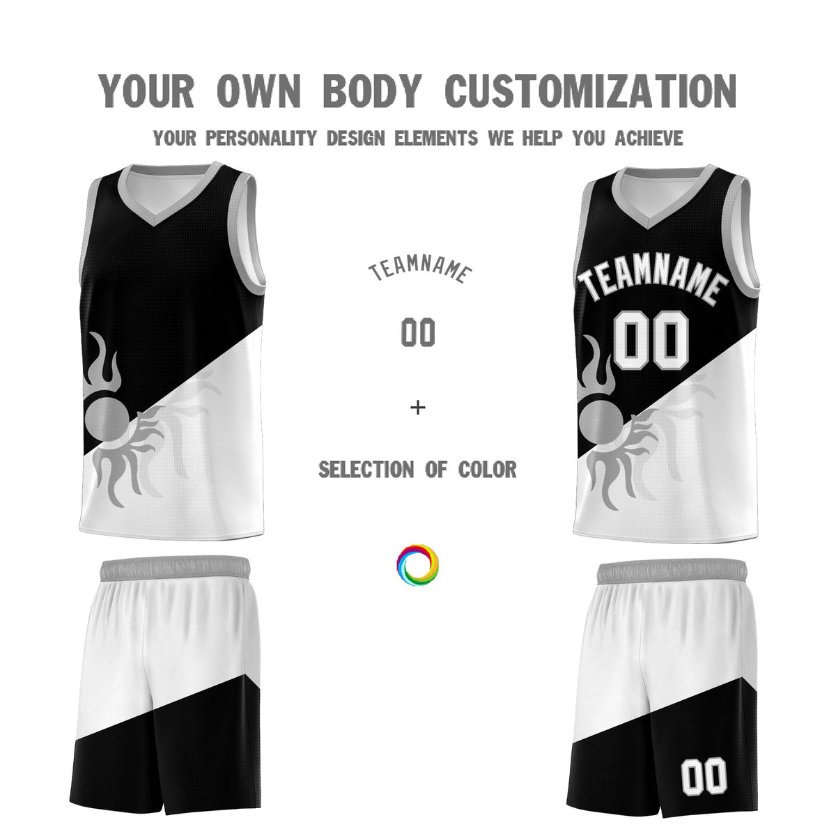 Custom Youth Basketball Jerseys - Black White Radiant Sun Design Two Tone Uniforms
