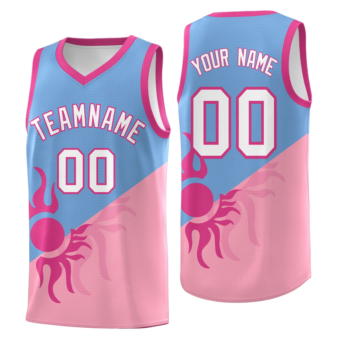 Custom Youth Basketball Jerseys - Powder Blue Light Pink Radiant Sun Design Two Tone Uniforms