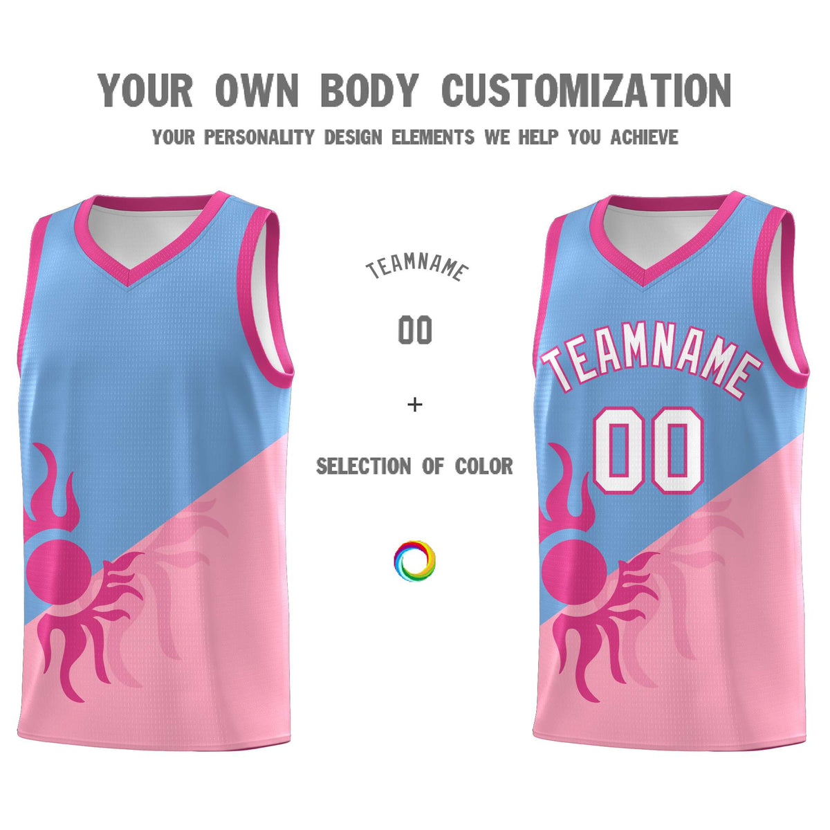 Custom Youth Basketball Jerseys - Powder Blue Light Pink Radiant Sun Design Two Tone Uniforms