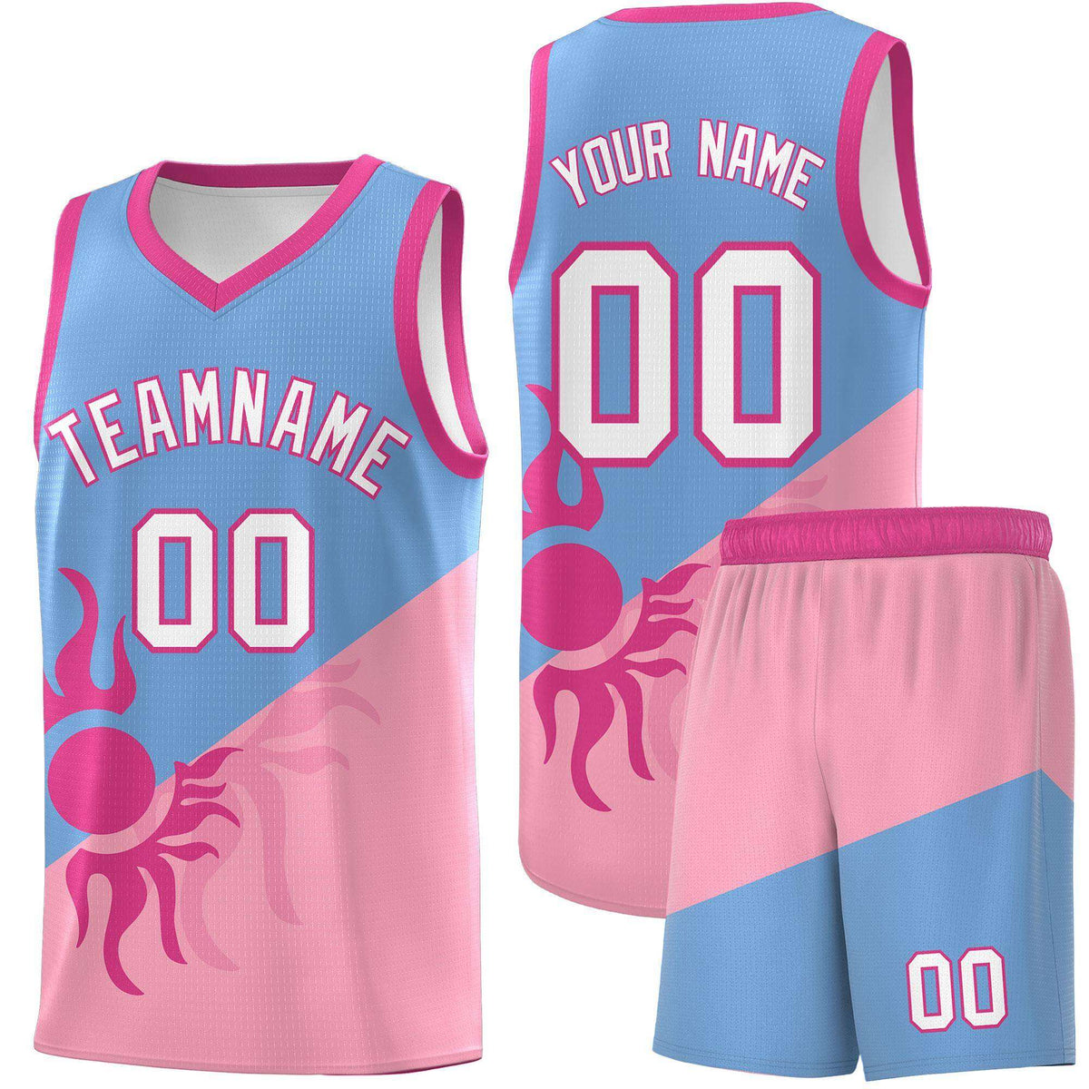Custom Youth Basketball Jerseys - Powder Blue Light Pink Radiant Sun Design Two Tone Uniforms