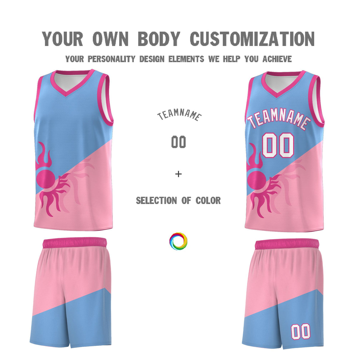 Custom Youth Basketball Jerseys - Powder Blue Light Pink Radiant Sun Design Two Tone Uniforms