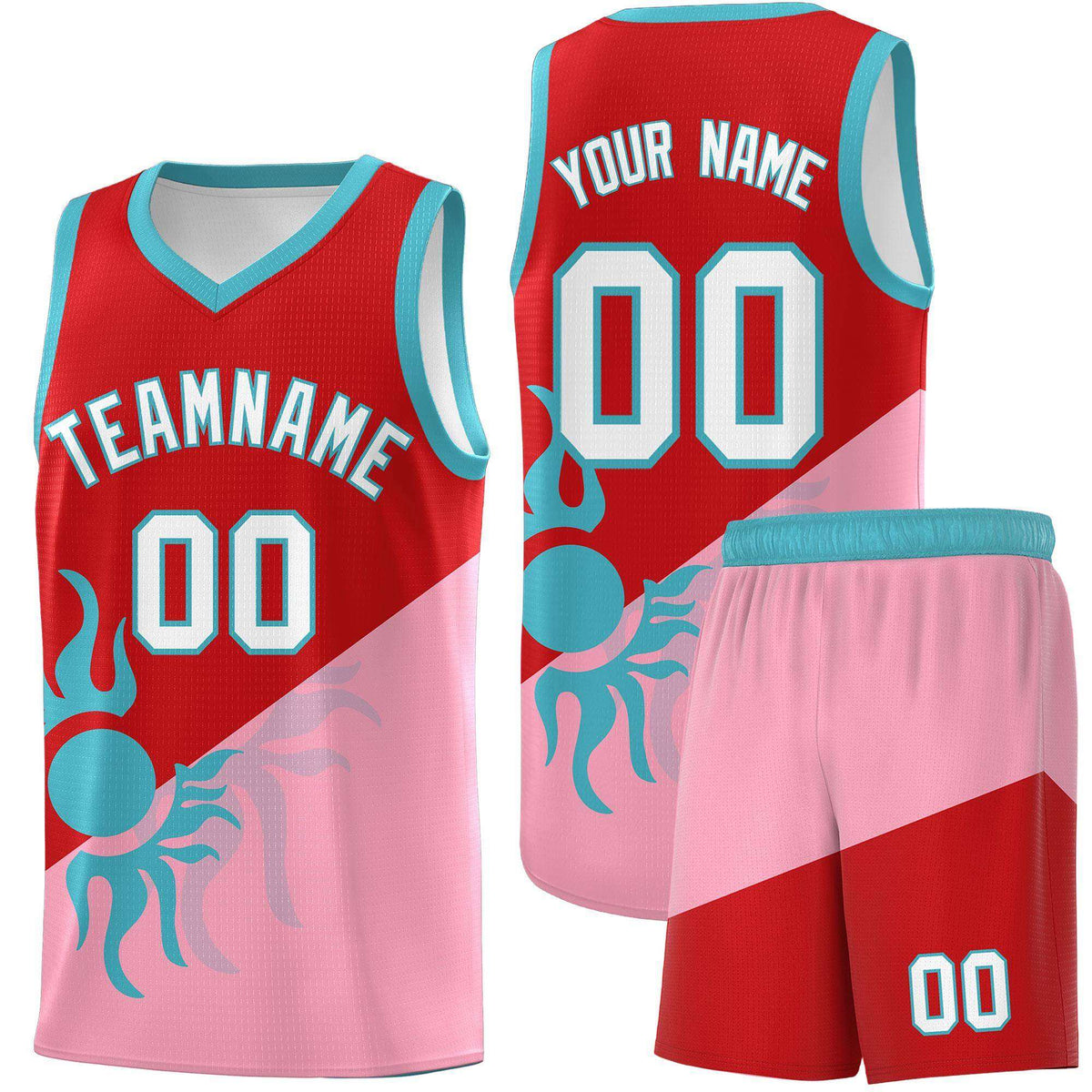Custom Youth Basketball Jerseys - Red Light Pink Sunburst Design Two Tone Uniforms
