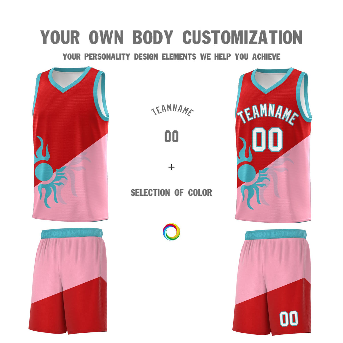 Custom Youth Basketball Jerseys - Red Light Pink Sunburst Design Two Tone Uniforms
