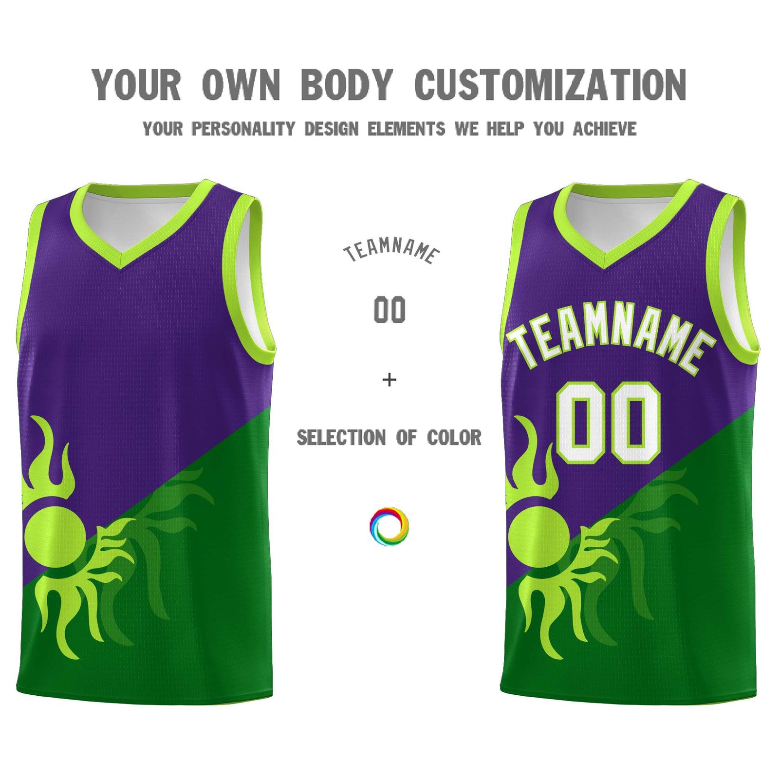 Custom Youth Basketball Jerseys - Purple Kelly Green Sunburst Design Two Tone Uniforms