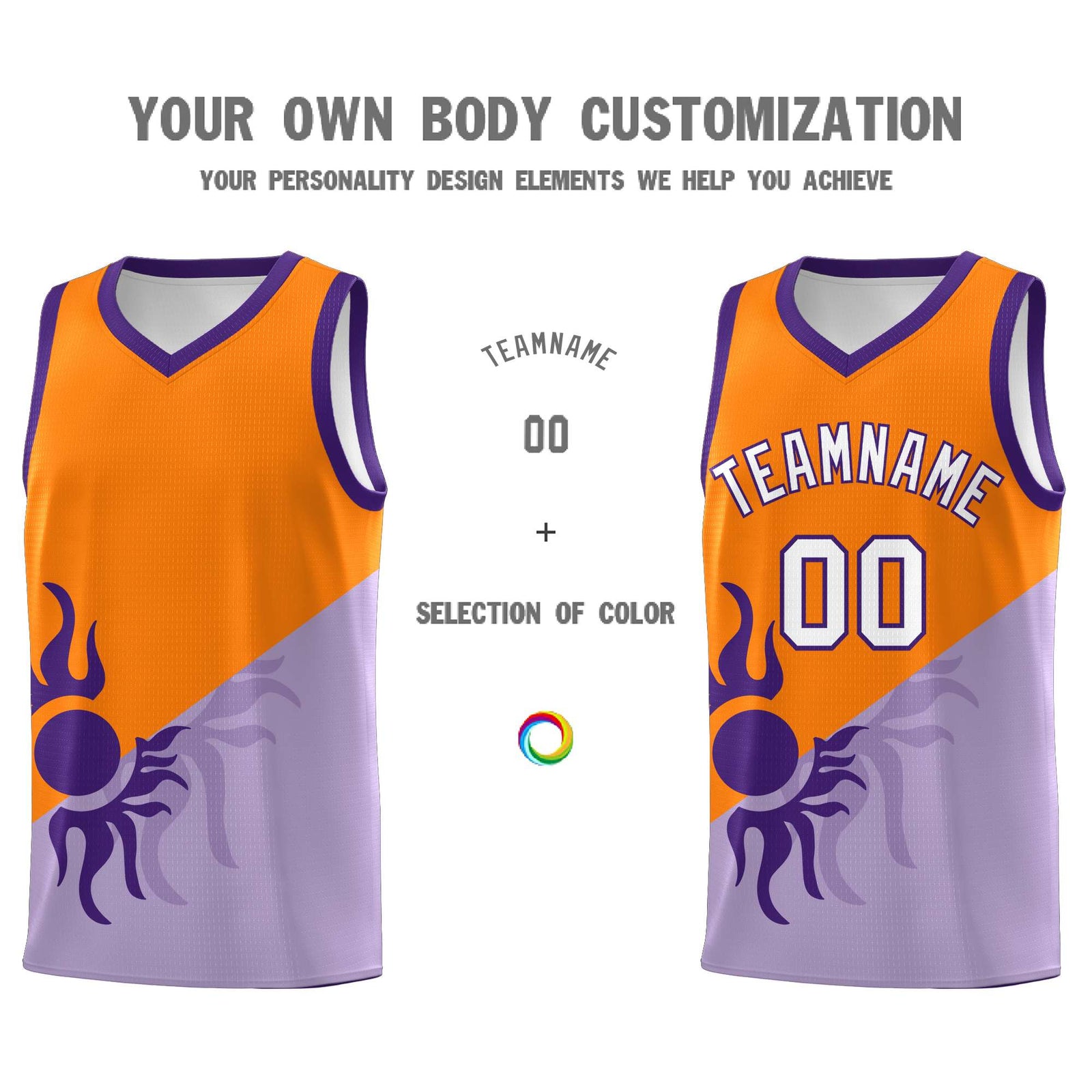 Custom Youth Basketball Jerseys - Light Purple Orange Radiant Sun Design Two Tone Uniforms