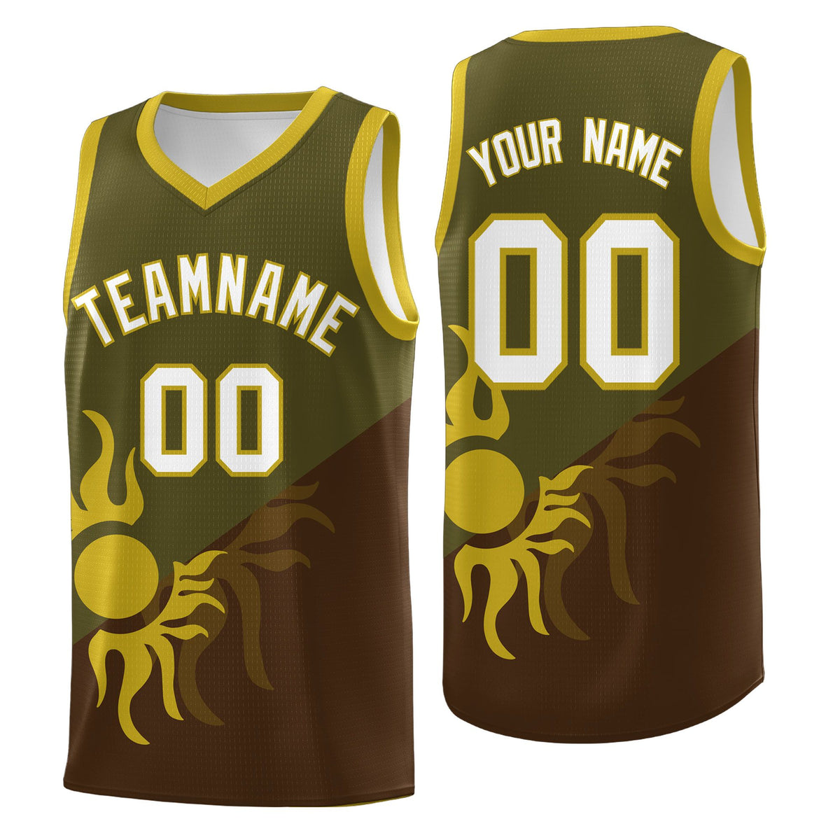 Custom Youth Basketball Jerseys - Brown Olive Radiant Sun Design Two Tone Uniforms